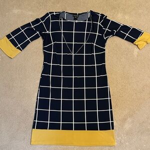 Enfocus Studio Windowpane Navy Yellow Long Sleeve Dress